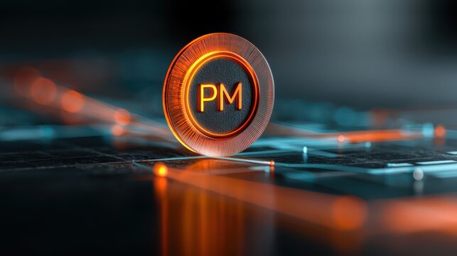 A glowing digital token with "PM" stands on a futuristic circuit board, symbolizing advanced technology and digital currency concepts.