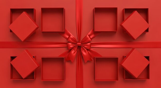 Elegant Red Gift Boxes with Satin Ribbon and Bow on Red Background Top View Minimalist Celebration Concept