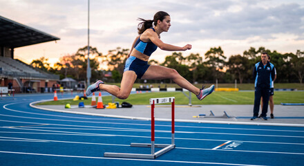 Obraz premium An athletic young woman in blue sportswear skillfully leaps high over a metal hurdle during a competitive track and field running race event at a stadium