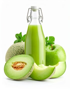 glass bottle of green melon juice with fresh fruit slices