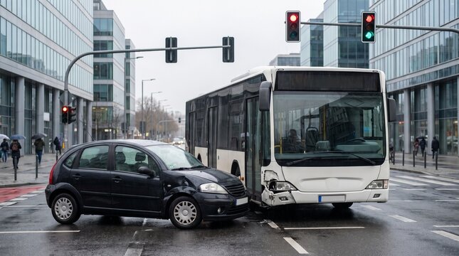 Car and bus accident at wet city intersection