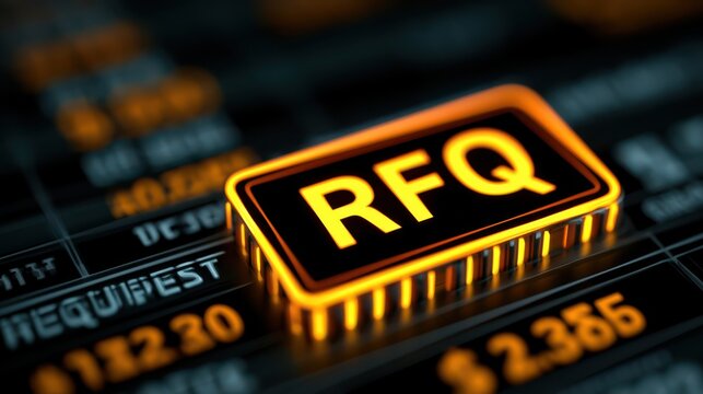 A glowing "RFQ" button on a digital interface highlights the concept of Request for Quotation in business transactions and procurement processes.