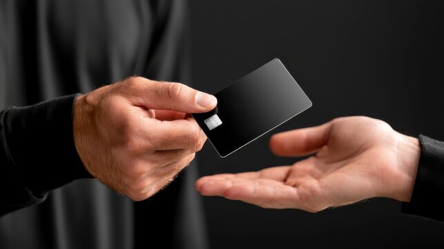 A person hands over a sleek black credit card to another individual against a dark background.