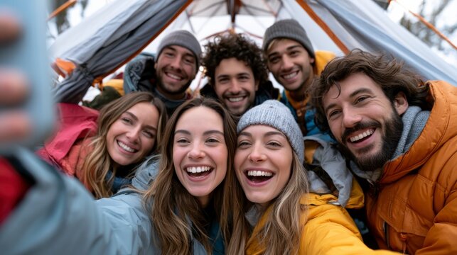 Six friends happily take a selfie inside a tent, dressed warmly for camping in cool weather.