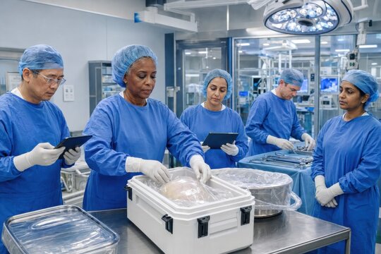 transplant surgeons and coordinator verify documentation, compatibility and sterile handling while preparing a donor organ transport container for urgent lifesaving surgery