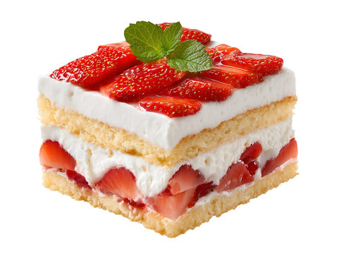Strawberry shortcake with fluffy whipped cream, vanilla sponge, fresh strawberries, and mint garnish, isolated on a white background.
