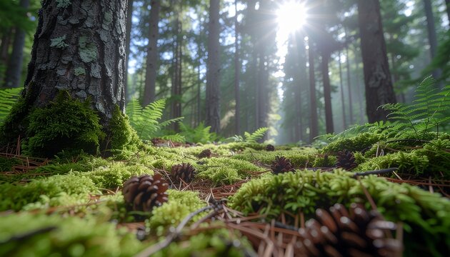 Sunlight streaming through trees onto a mossy forest floor