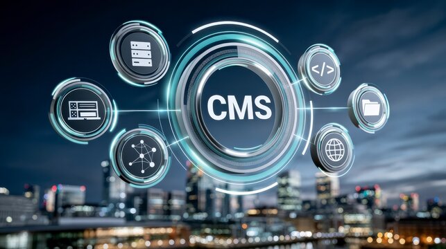 Futuristic digital interface displaying CMS with interconnected web, server, coding, and global icons over a blurred cityscape background.