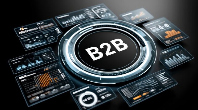 Digital interface displaying B2B surrounded by various futuristic data analytics and business charts on a dark background.