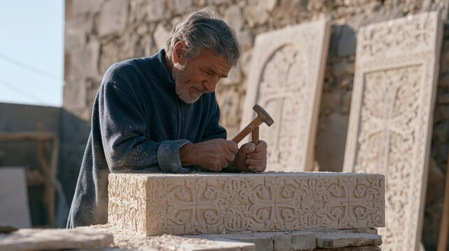 An Armenian stone mason chips ornate khachkar cross relief patterns into a tufa block using a hammer and punch in a dusty outdoor workshop, half-finished carved panels leaning