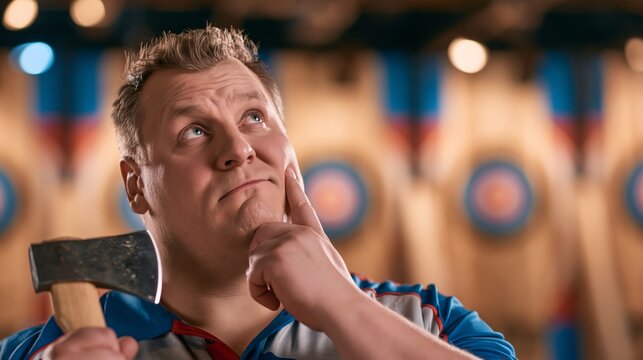 Competitive axe thrower holding a throwing axe at a range while thinking. Concept of quiz, consultation and trivia about axe throwing.