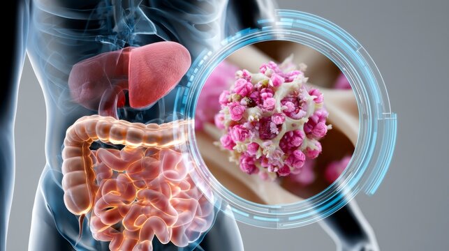 A digital medical illustration showing human digestive organs with a magnified view of a microscopic cluster of cancer cells.