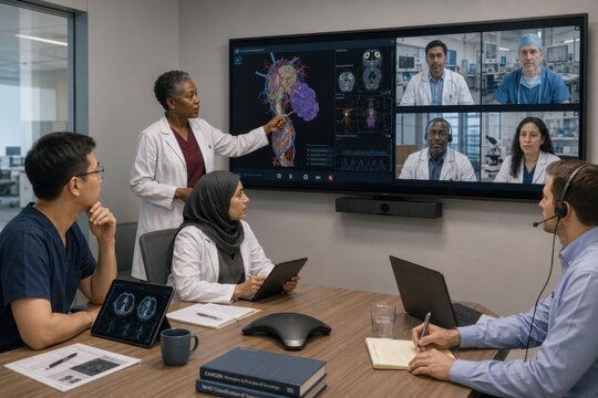 international medical specialists conduct a remote multidisciplinary consultation, sharing advanced imaging and discussing a complex patient case across hospitals and countries