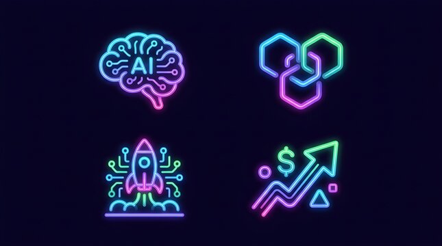 Vibrant neon glowing icons featuring artificial intelligence, blockchain, rocket launch, and financial growth concepts in futuristic cyber style.