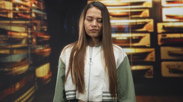Young hispanic brunette woman wearing cropped zip jacket stands facing camera with long hair, brings hand to eye in studio; contemplation.