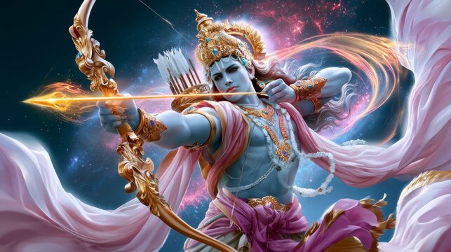 A divine figure with blue skin, adorned in gold, draws a flaming arrow in a cosmic background, symbolizing power and focus.
