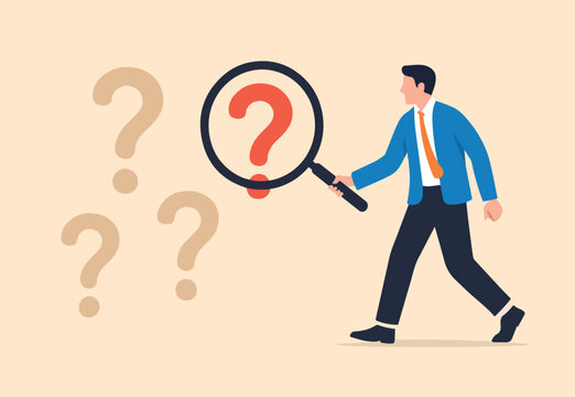 Problem analysis or problem management, analyze or investigate for root cause or incident, finding solution or discover threat or uncertain, businessman with magnifying glass analyze question marks