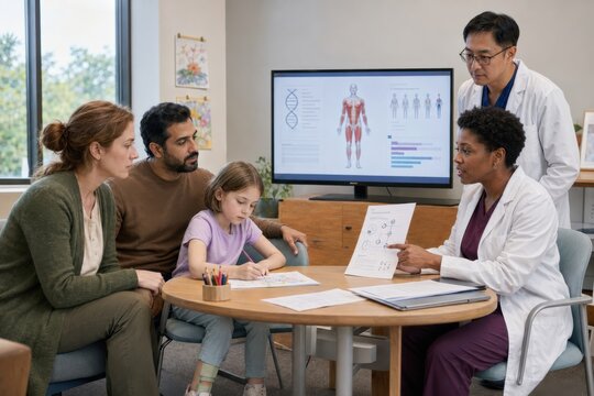 parents receive a rare disease diagnosis for their child as genetics specialists explain sequencing results, next clinical steps and available support without dramatization
