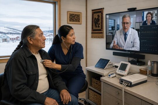 patient in a remote northern community receives telemedicine care as a local nurse performs an examination and connects with a distant specialist through digital health systems