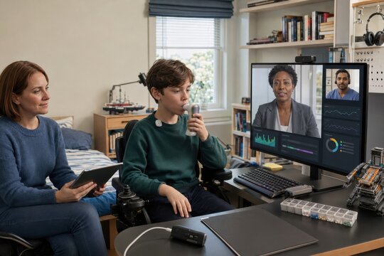 child with a rare chronic condition is monitored at home using a connected medical sensor while a parent joins a remote pediatric consultation and reviews health trends