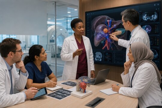 multidisciplinary cancer team reviews a patient-specific 3d tumor model with surrounding vessels to plan surgery, radiotherapy and coordinated precision oncology treatment