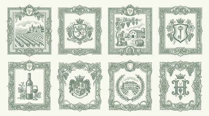 Naklejka premium Vintage ornate frames with vineyard scenes, wine, and heraldic crests
