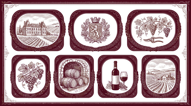 Ornate wine-themed frames: vineyard, chateau, barrels, grapes, coat of arms, wine bottle