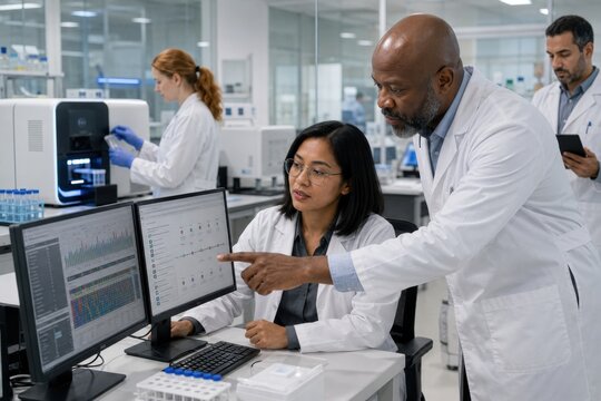 medical bioinformaticians compare sequencing variants with clinical patient data in a modern laboratory, supporting precision diagnostics, biotech research and treatment decisions