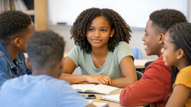 A young student engages in a discussion with classmates at a school desk.