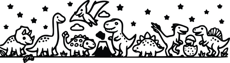 A cute black and white vector illustration featuring various friendly dinosaurs including t-rex triceratops and pterodactyls with small decorative stars © Arun