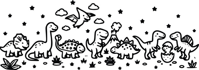 A cute black and white vector illustration featuring various friendly dinosaurs including a t-rex and pterodactyl in a simple style. © Arun
