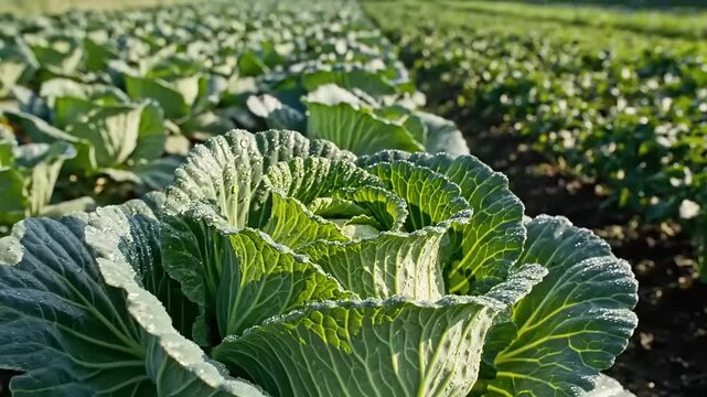 Green cabbage field with dew drops