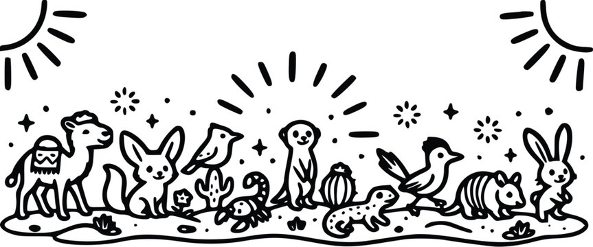 A playful black and white vector illustration featuring various desert animals including a camel fennec fox meerkat and armadillo