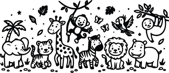 Cute cartoon jungle animals vector illustration featuring a lion giraffe elephant monkey and zebra in a playful linear artistic style © Arun