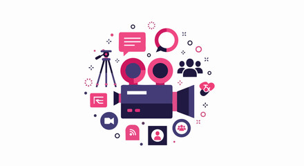 Naklejka premium Social Media Video Content Creation Flat Design Concept with Camera, Tripod, and Engagement Icons