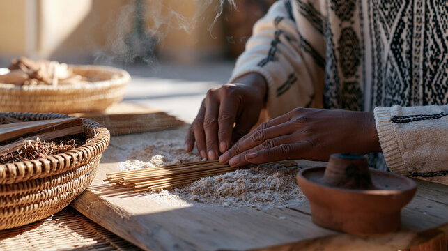 Close up hands of a Peruvian incense crafter hand-rolling resin-coated bamboo sticks through powdered botanical mixtures on a low wooden table, December morning light catching