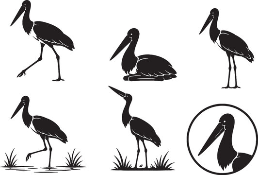 Jabiru Silhouette Icon Set Black Vector Stork Bird Collection