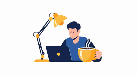 Fototapeta premium Man Working on Laptop with Large Coffee Cup and Desk Lamp Vector Illustration