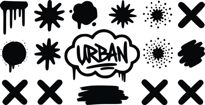 A collection of black vector graffiti elements featuring various drip marks, star shapes, brush strokes, and bold urban text designs.