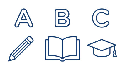 Education Icons: A collection of simple, clean line art icons representing the fundamental elements of education, including letters A, B, C, a pencil, an open book, and a graduation cap. © hafeza