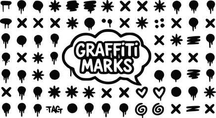 Set of black ink graffiti marks and vector drip elements featuring various shapes and urban street art design symbols isolated © Arun