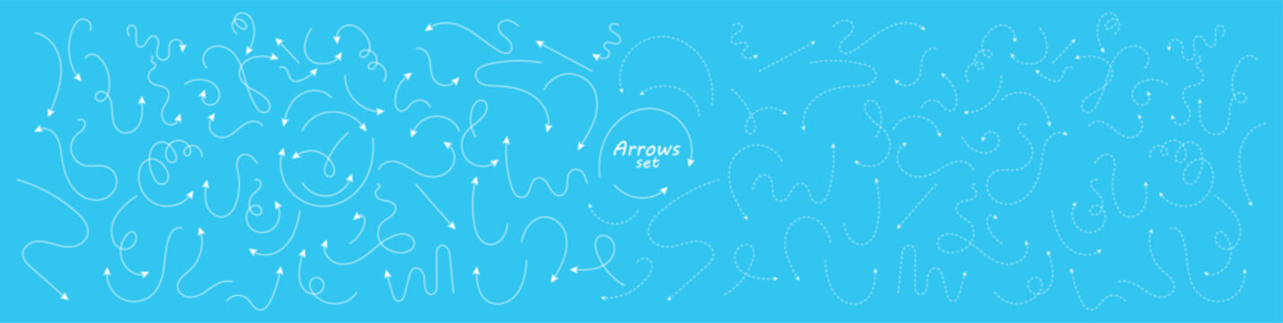 Blueprint set of hand drawn thin line and dash line arrows. White curved vector pointers pointing in different directions on blue bg. Simple design elements of signpost showing confusing complex path.