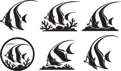 Moorish Idol Silhouette Icon Set Black Vector Tropical Reef Fish Collection © Pham