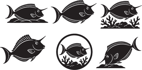 Orange Spine Unicornfish Silhouette Icon Set Black Vector Reef Fish Collection © Pham