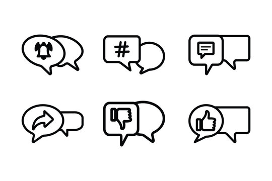 Set of social media chat bubble line icons including notification bell, hashtag, comment, share, dislike, and like symbols in black outline.