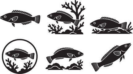 Possum Wrasse Silhouette Icon Set Black Vector Reef Aquarium Fish Collection © Pham