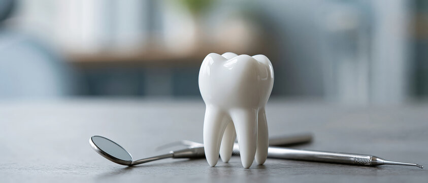Perfect for dental health campaigns and clinic branding a pristine white molar model sits beside a mirror and explorer on a clean grey surface, evoking professional oral care.