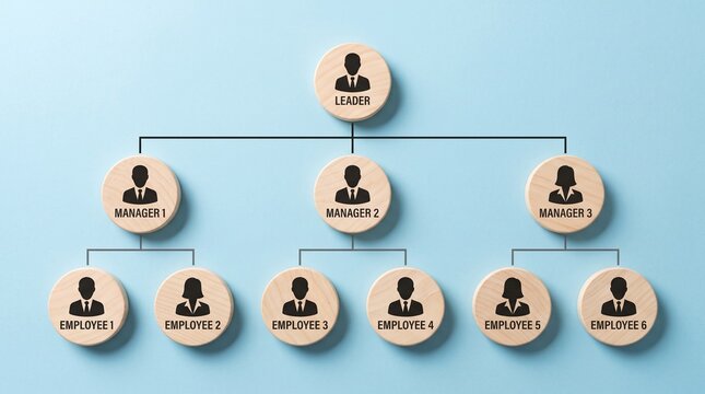 Organizational chart on wooden blocks, corporate hierarchy structure with leader and managers, business team management concept on blue background