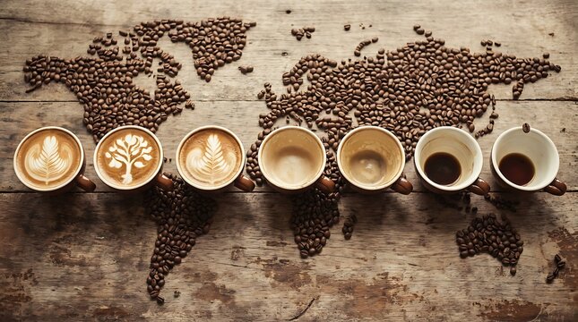 Coffee cups arranged on a world map made of roasted coffee beans with caffeine