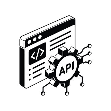Isometric illustration of api integration concept featuring a window and gear with network circuit.